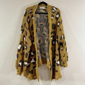 Arula A Beautiful Soul Leopard Mustard Chunky Knit Distressed Cardigan size 2X